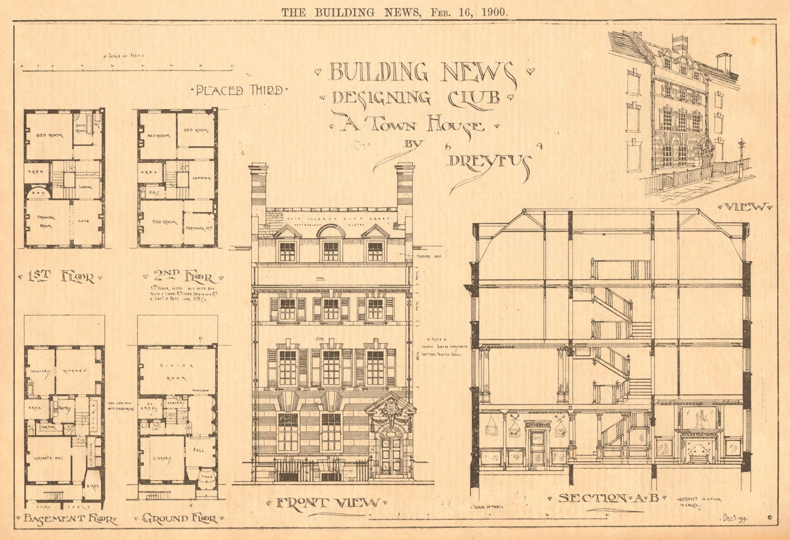 A small town house by Dreyfus. Basement plan & front view 1900 old print